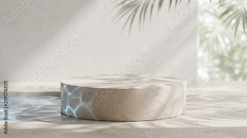 Foto Empty concrete cylinder podium in an outdoor pool setting with water caustics and palm leaf shadows, minimal beige stone pedestal mockup with blurred tropical background, 3d render