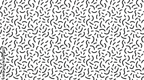 Abstract memphis style background pattern with black wavy lines on transparent grid texture.