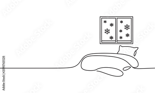 Continuous single line of a bed with a pillow and a window showing falling snowflakes, winter bedroom scene, minimalist black outline on a white background, cozy home