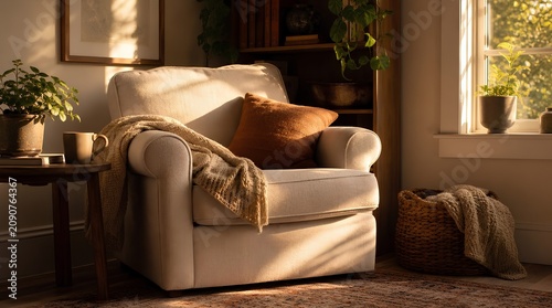 Cozy cream armchair in golden afternoon sunlight with chunky knit throw, rust pillow, houseplants, woven basket, patterned rug and glowing window in a warm inviting reading nook interior