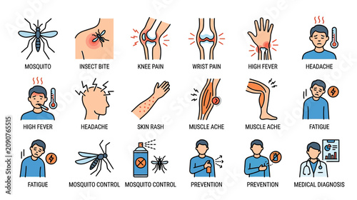 Bild auf Leinwand Mosquito Bite Symptoms and Prevention Icons Set: Fever, Headache, Rash, Pain