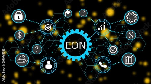 EON, business concept. Modern business technology interface with gears and digital network icons. 4k animation video