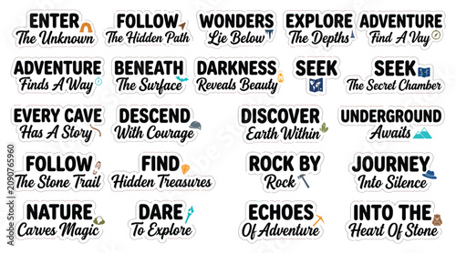 Set of cave exploration and underground adventure inspirational typography