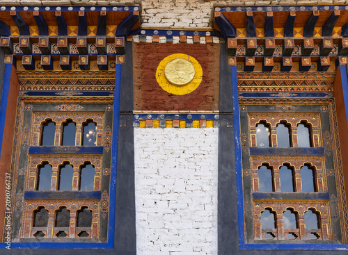 Detail of wall at Shechen Nunnery, Phobjikha Valley, Wangdue Phodrang District, Bhutan