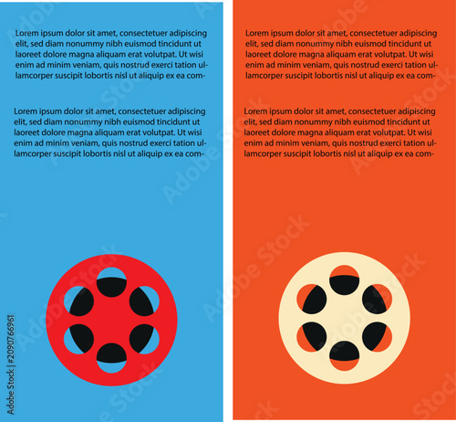 Red reel on blue background and reel on orange cinema vintage