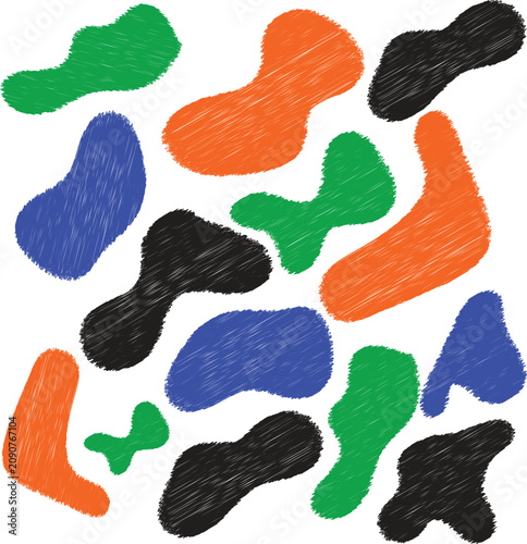 Abstract organic shapes in green blue orange black blobs scattered