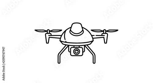 Modern drone with camera, line art illustration, technology concept