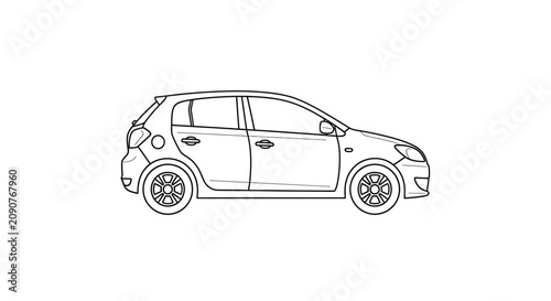Modern Hatchback Car Outline Drawing, Isolated on White Background