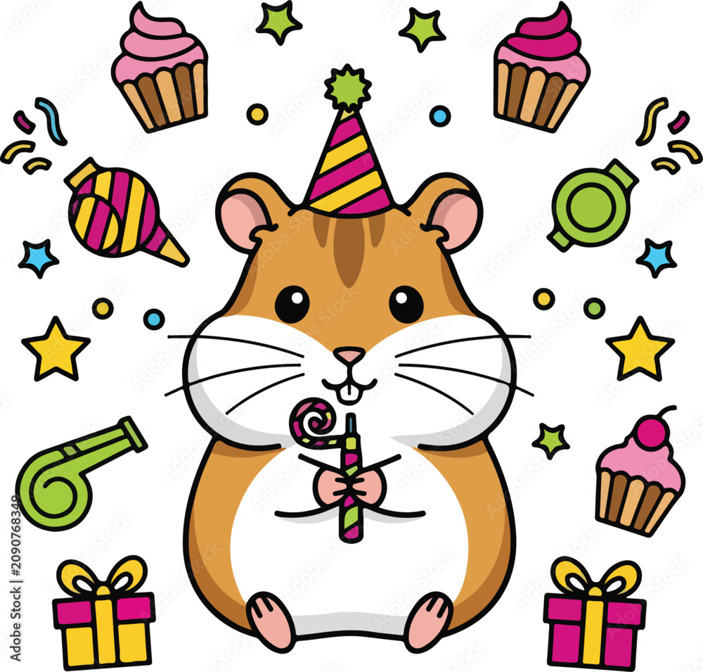 Naklejka premium Cute cartoon hamster celebrating a birthday party with party favors.