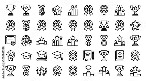 Bild auf Leinwand Award trophy and success graduation line icons mega set featuring winner medals