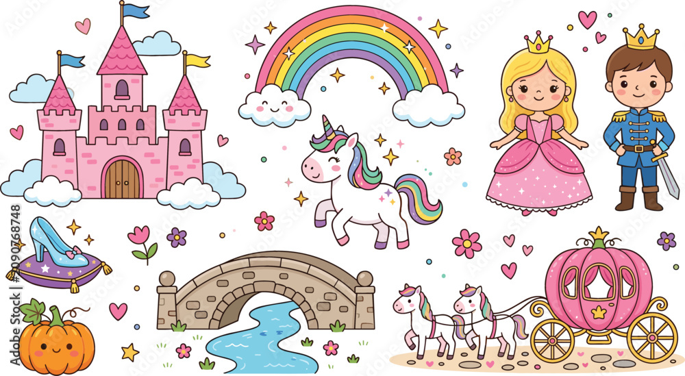 Fototapeta premium Cute Fairy Tale Vector Graphic Set with Pink Castle Rainbow Unicorn Princess Prince Pumpkin Carriage and Magic Glass Slipper Elements for Children Design