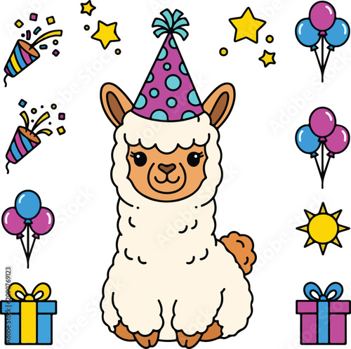 Cute cartoon llama wearing a birthday party hat surrounded by festive celebration icons.