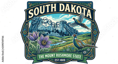 Photos South Dakota Vintage Badge Vector Illustration Featuring Mount Rushmore Ring-Nec