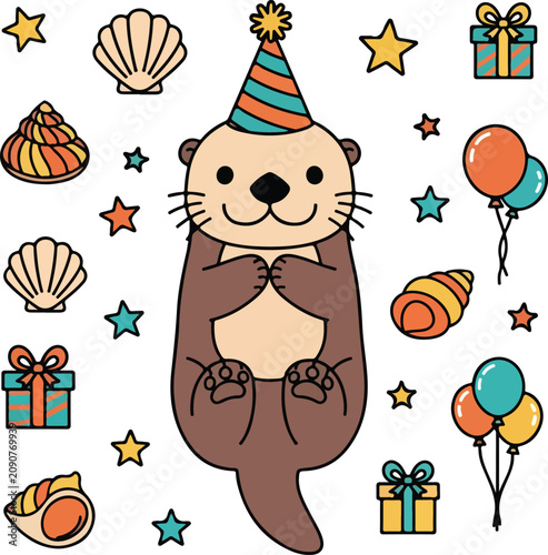 Cute cartoon otter wearing a party hat with birthday celebration elements.