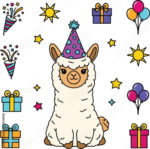 Cute cartoon llama wearing a colorful party hat.