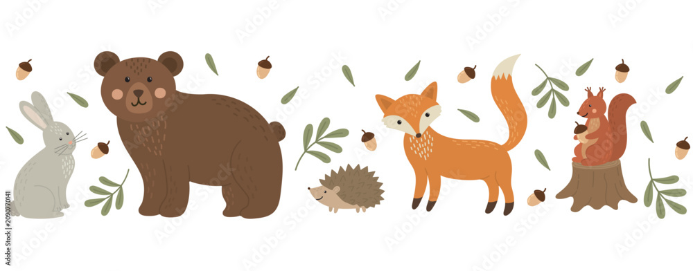 Obraz premium Border with woodland animals and forest elements. Horizontal pattern of bear, red fox, rabbit, hedgehog, squirrel , tree stump, leaves and acorns