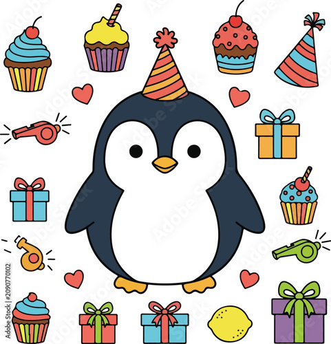 Cute cartoon penguin wearing a festive birthday party hat.