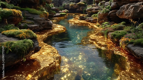 Tranquil stream flowing through a beautiful garden with lush greenery and shimmering light