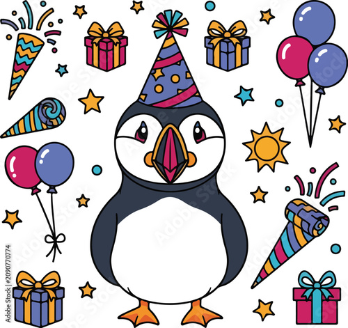 Cute cartoon puffin bird wearing a colorful party hat.