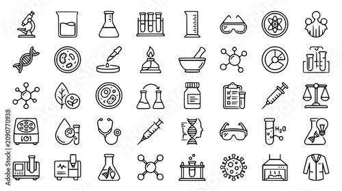 Cuadro en lienzo Science laboratory and medical research line icon bundle with chemistry flasks m