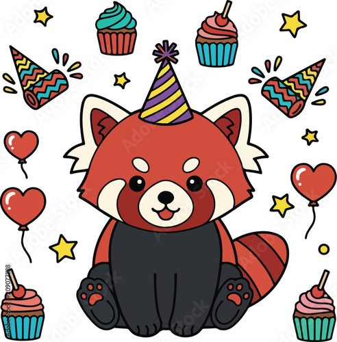 Cute Cartoon Red Panda Wearing A Party Hat.