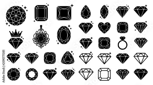 Photos Diamond cuts and gemstone shapes vector icon collection featuring crystal jewelr