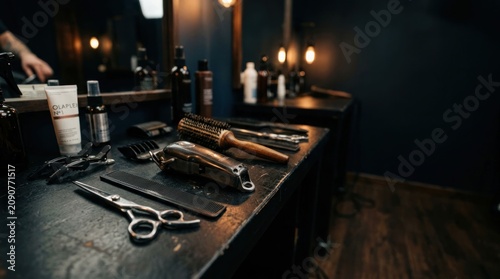 Barber Shop Tools Laid Out on a Wooden Countertop.