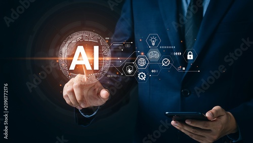 Businessman interacting with artificial intelligence network visualization