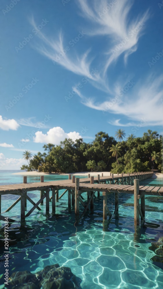 Fototapeta premium Wooden pier extending over clear turquoise tropical ocean water under a bright blue sky with clouds