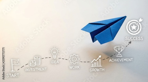 Blue Paper Airplane Soars Towards Success Goal with Business Growth Icons.