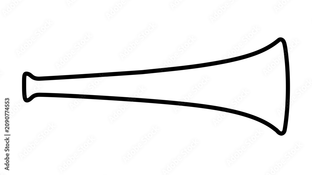 Obraz premium Minimalist black outline stadium horn vector icon, cropped side view of a long cheering trumpet with clean curved lines on white, simple fan celebration symbol for sports events and crowd support