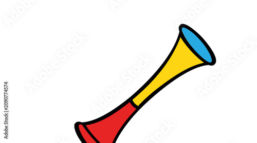Colorful yellow and blue cheering horn vector illustration, minimalist angled fan trumpet with bold black outline on white, lively sports celebration icon for stadium noise, support, and victory