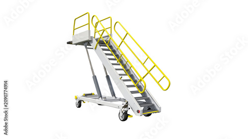 Foto Mobile aircraft stairs with yellow handrails and hydraulic lifts