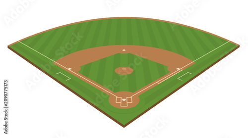 Isometric 3D illustration of a professional baseball field with striped green grass outfield, clay dirt infield, pitcher's mound, home plate, and white base path markings on white.