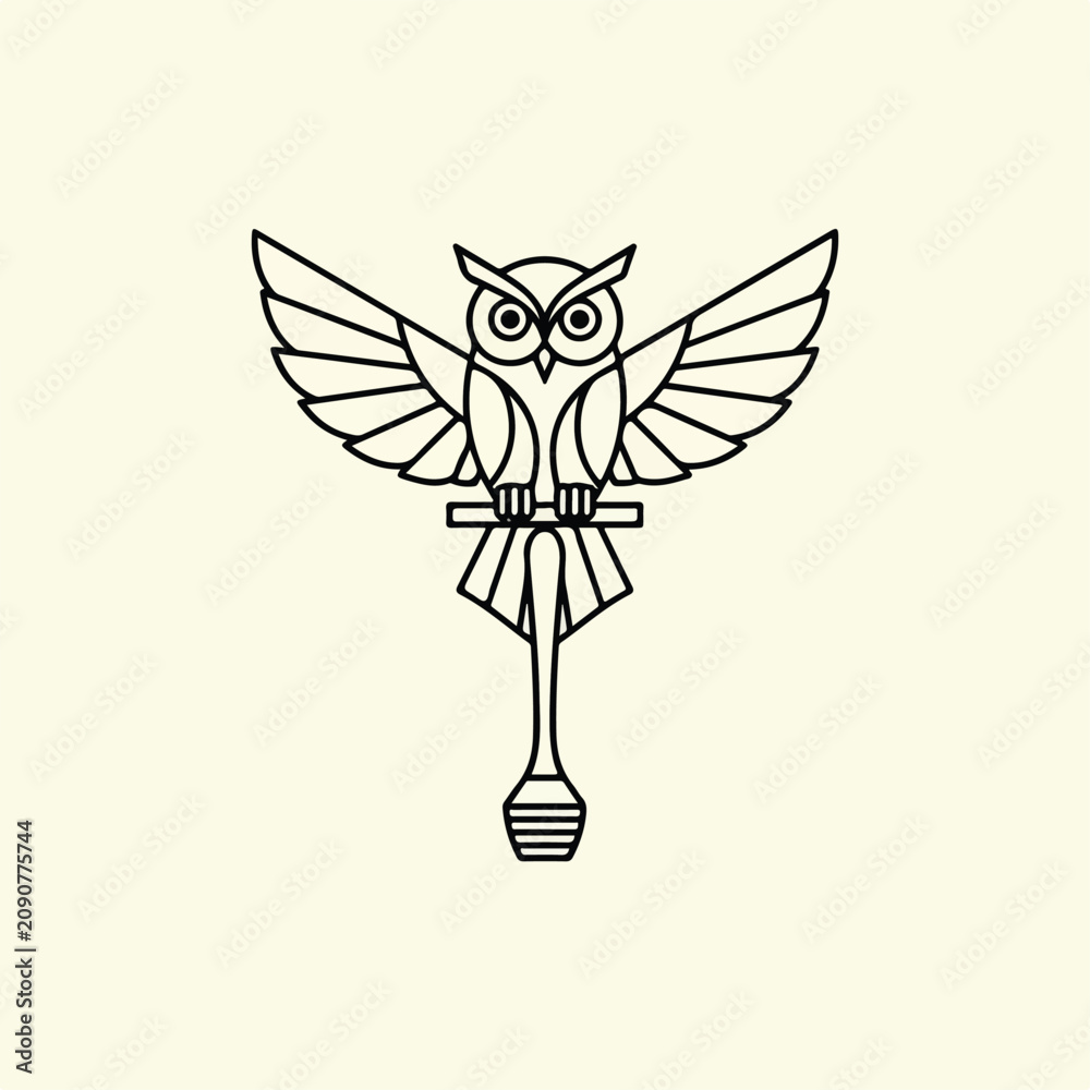 Fototapeta premium Minimalist geometric owl logo illustration with stylized wings.