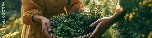 Young woman in rustic dress holding a wicker basket full of wild medicinal herbs.