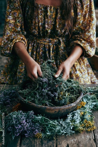 Young woman in rustic dress holding a wicker basket full of wild medicinal herbs.