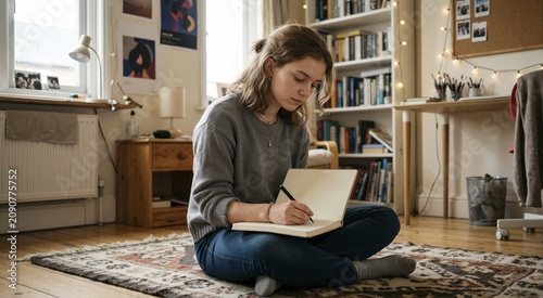 Teenager writing in notebook while sitting on the floor. Young girl studying or journaling in a cozy bedroom with bookshelf. Education and lifestyle concept