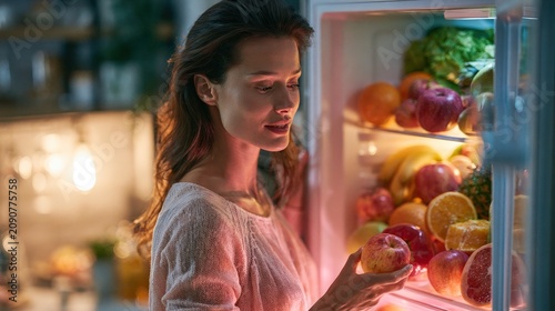 Woman taking a wooden tray filled with fresh fruits from an open refrigerator.