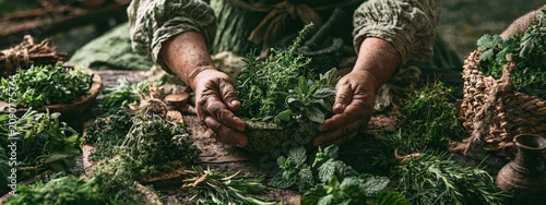 Woman sorting fresh organic medicinal herbs in a wicker basket, rustic style.