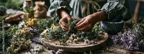 Woman sorting fresh organic medicinal herbs in a wicker basket, rustic style.