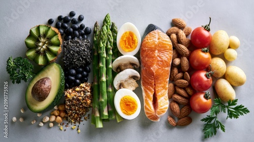 Balanced nutrition concept with salmon, eggs, vegetables and fruits on plate.