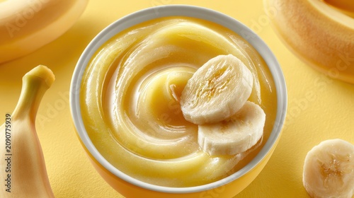 Banana puree baby food in a bowl with fresh banana slices on yellow background.
