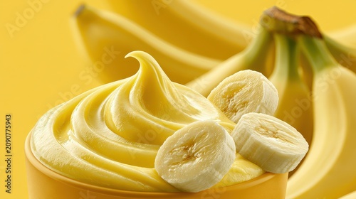 Banana puree baby food in a bowl with fresh banana slices on yellow background.