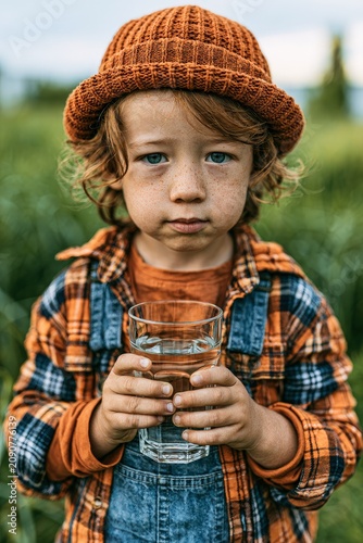 Cute little boy holding a glass of pure water on a sunny day in nature.