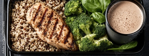 Fitness lunch with grilled chicken breast, quinoa, broccoli and fresh vegetables.