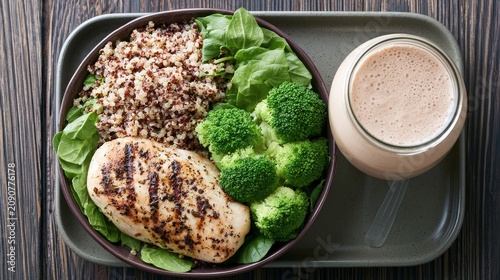 Fitness lunch with grilled chicken breast, quinoa, broccoli and fresh vegetables.