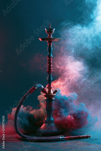 Traditional hookah shisha pipe silhouette in colorful neon red and blue smoke.