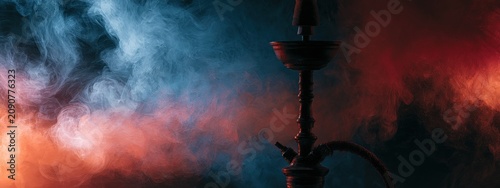 Traditional hookah shisha pipe silhouette in colorful neon red and blue smoke.