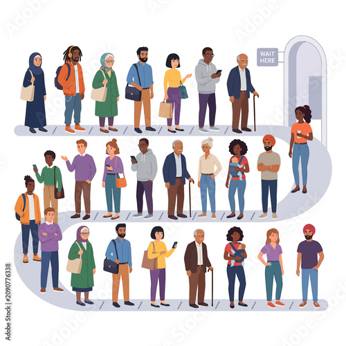 Diverse people waiting in line, queue, diverse community, patience, waiting room